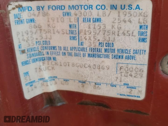 1986 Ford Ranger with VIN 1FTCR10T8GUC40869, listed as a Copart auction lot 77768834 with 53,848 mi miles and Salvage Title. Bid and sale history available at DreamBid. Image 12.