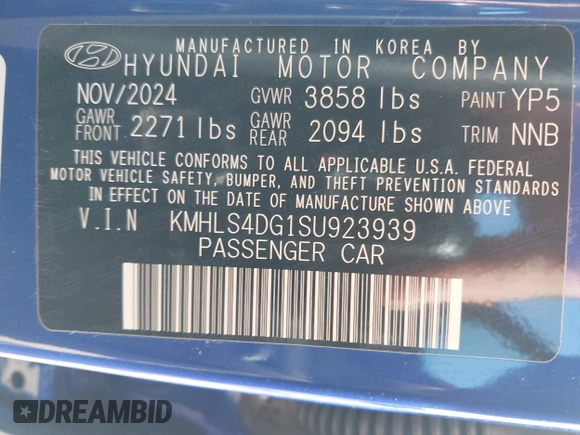 2025 Hyundai Elantra SEL Convenience with VIN KMHLS4DG1SU923939, listed as a IAAI auction lot 41893798 with 3,653 mi miles. Bid and sale history available at carsss.com. Image 9.