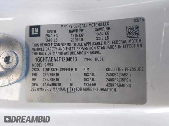 2015 Chevrolet Colorado 4WD WT with VIN 1GCHTAEA4F1204613, listed as a IAAI auction lot 42058512 with 277,211 mi miles and . Bid and sale history available at DreamBid. Image 9.