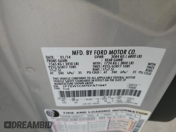 2014 Ford F-150 XL with VIN 1FTEW1CM7EFA71547, listed as a Copart auction lot 56948915 with Not provided miles and Salvage title. Bid and sale history available at DreamBid. Image 12.