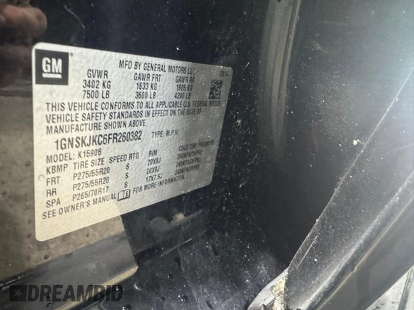 2015 Chevrolet Suburban LT with VIN 1GNSKJKC6FR60382, listed as a Copart auction lot 63533635 with 216,142 mi miles and Clean title. Bid and sale history available at DreamBid. Image 10.