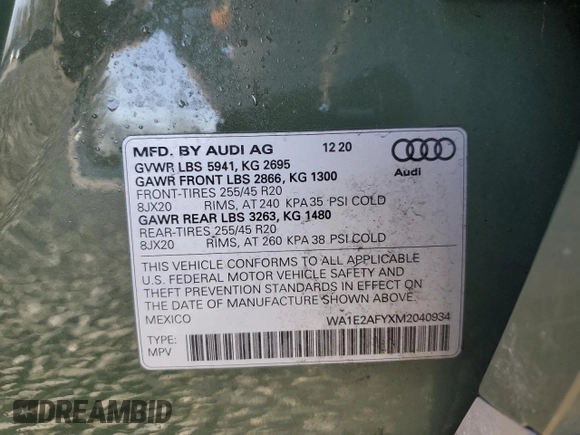 2021 Audi Q5 Premium Plus with VIN WA1E2AFYXM2040934, listed as a Copart auction lot 48679085 with 54,132 mi miles and Salvage Title. Bid and sale history available at carsss.com. Image 14.