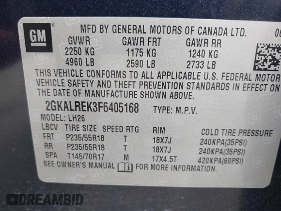 2015 GMC Terrain SLE with VIN 2GKALREK3F6405168, listed as a IAAI auction lot 42115773 with 99,943 mi miles and . Bid and sale history available at DreamBid. Image 9.