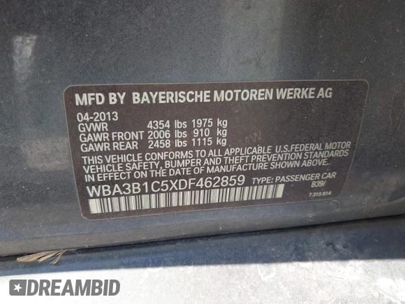 2013 BMW 3 Series 320i with VIN WBA3B1C5XDF462859, listed as a IAAI auction lot 42191369 with 140,253 mi miles and . Bid and sale history available at carsss.com. Image 9.