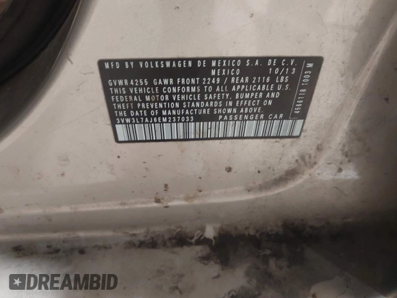 2014 Volkswagen Jetta TDI w/Premium с VIN 3VW3L7AJ6EM237033, выставлен на аукционе IAAI как лот 41482020 с пробегом 134 990 миль миль и . История ставок и продаж доступна на DreamBid. Изображение 9.
