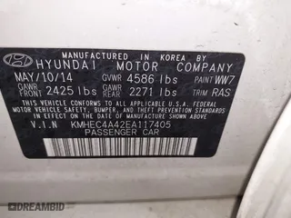 2014 Hyundai Sonata Hybrid with VIN KMHEC4A42EA117405, listed as a IAAI auction lot 41157185 with 74,225 mi miles. Bid and sale history available at carsss.com. Image 9.
