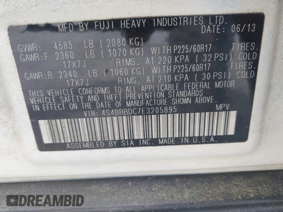 2014 Subaru Outback Premium with VIN 4S4BRBDC7E3205895, listed as a IAAI auction lot 42201646 with 234,588 mi miles and . Bid and sale history available at DreamBid. Image 9.
