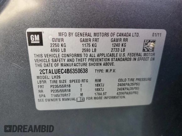 2011 GMC Terrain SLT-1 with VIN 2CTALUEC4B6350638, listed as a Copart auction lot 57595395 with 119,745 mi miles and Salvage title. Bid and sale history available at DreamBid. Image 14.