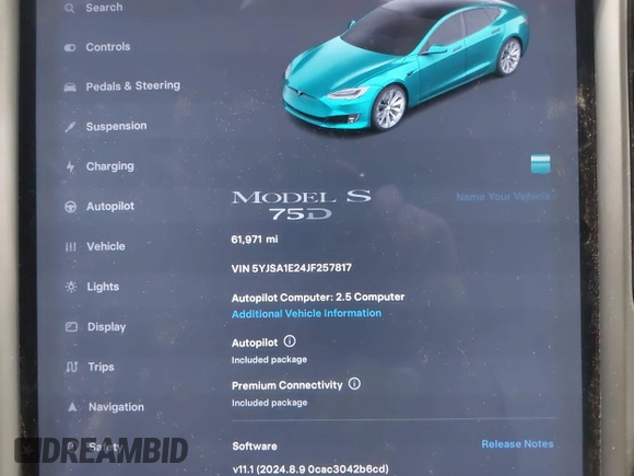2018 Tesla Model S 75D with VIN 5YJSA1E24JF257817, listed as a IAAI auction lot 41960439 with 61,971 mi miles and . Bid and sale history available at DreamBid. Image 7.