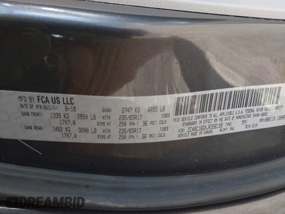 2018 Chrysler Pacifica Touring L with VIN 2C4RC1BGXJR356199, listed as a IAAI auction lot 41886721 with 111,514 mi miles and . Bid and sale history available at DreamBid. Image 9.