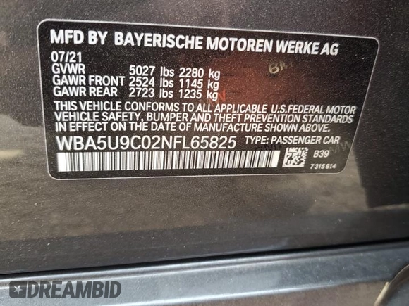 2022 BMW 3 Series M340i xDrive with VIN WBA5U9C02NFL65825, listed as a Copart auction lot 60244064 with 22,548 mi miles and Salvage Title. Bid and sale history available at DreamBid. Image 12.