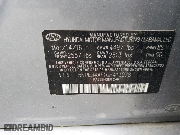 2016 Hyundai Sonata Sport with VIN 5NPE34AF1GH413078, listed as a Copart auction lot 50865175 with 96,164 mi miles and Salvage Title. Bid and sale history available at DreamBid. Image 12.