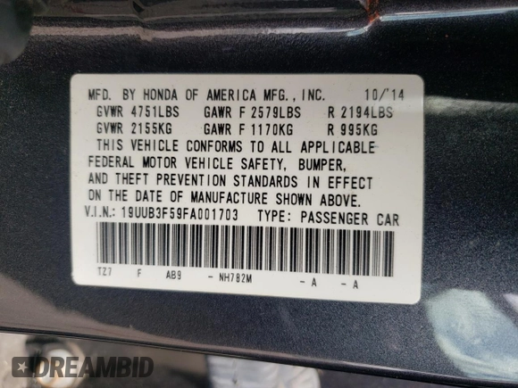 2015 Acura TLX V6 Tech with VIN 19UUB3F59FA001703, listed as a Copart auction lot 50845885 with 106,652 mi miles and Salvage Title. Bid and sale history available at carsss.com. Image 14.