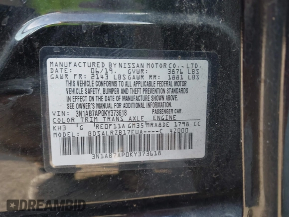 2019 Nissan Sentra SR with VIN 3N1AB7AP0KY373618, listed as a IAAI auction lot 41649666 with 94,035 mi miles and . Bid and sale history available at DreamBid. Image 9.