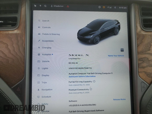 2020 Tesla Model X Long Range with VIN 5YJXCDE23LF248773, listed as a Copart auction lot 53062405 with 62,342 mi miles and Salvage Title. Bid and sale history available at carsss.com. Image 9.