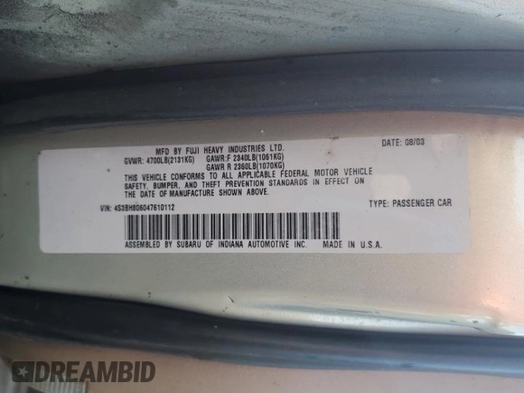 2004 Subaru Legacy Outback L.L. Bean with VIN 4S3BH806047610112, listed as a Copart auction lot 74496094 with Not provided miles and Salvage title. Bid and sale history available at DreamBid. Image 12.
