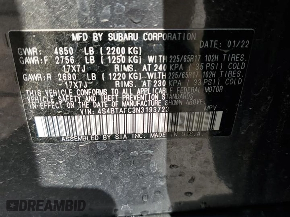 2022 Subaru Outback Premium with VIN 4S4BTAFC3N3193723, listed as a Copart auction lot 58500445 with 36,762 mi miles and Salvage title. Bid and sale history available at DreamBid. Image 13.