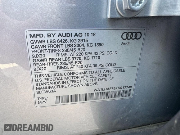 2019 Audi Q7 Premium Plus with VIN WA1LHAF75KD017740, listed as a Copart auction lot 66764355 with 120,399 mi miles and Clean title. Bid and sale history available at DreamBid. Image 10.