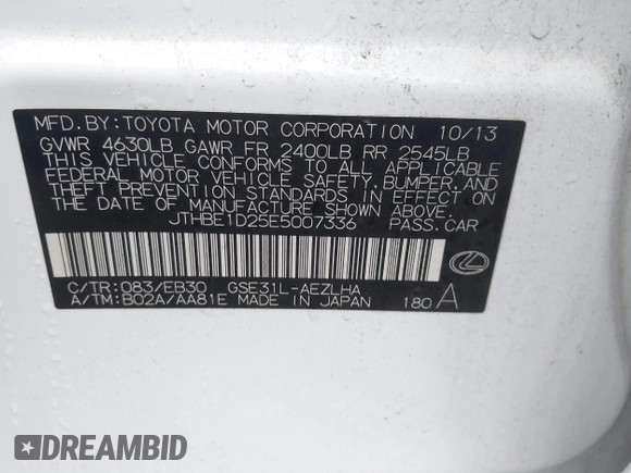 2014 Lexus IS 350 with VIN JTHBE1D25E5007336, listed as a IAAI auction lot 41740415 with 112,349 mi miles and . Bid and sale history available at DreamBid. Image 9.