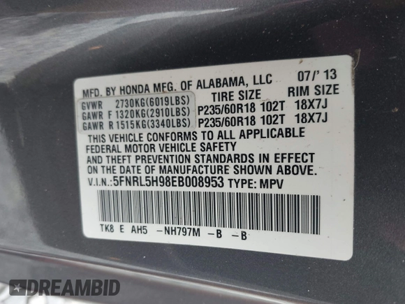 2014 Honda Odyssey Touring with VIN 5FNRL5H98EB008953, listed as a IAAI auction lot 42291179 with Not provided miles and . Bid and sale history available at DreamBid. Image 9.