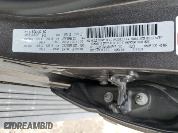 2020 Ram 1500 Limited with VIN 1C6SRFHT0LN104647, listed as a Copart auction lot 69088784 with 37,119 mi miles and Salvage title. Bid and sale history available at DreamBid. Image 12.