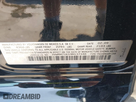 2009 Volkswagen Jetta SE with VIN 3VWRM71K59M137348, listed as a IAAI auction lot 42285086 with 120,645 mi miles and . Bid and sale history available at DreamBid. Image 9.