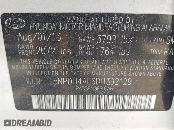 2013 Hyundai Elantra Limited with VIN 5NPDH4AE6DH392129, listed as a IAAI auction lot 42218163 with 185,124 mi miles and . Bid and sale history available at DreamBid. Image 9.
