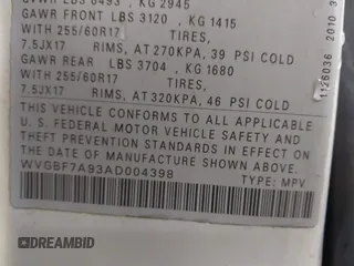 2010 Volkswagen Touareg VR6 with VIN WVGBF7A93AD004398, listed as a IAAI auction lot 41470257 with 108,181 mi miles and . Bid and sale history available at DreamBid. Image 9.