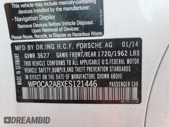 2014 Porsche Boxster z VIN WP0CA2A8XES121446, wystawiony jako Copart lot #74572644 z przebiegiem Nie podano mil oraz Szkoda całkowita • Salvage title. Historia ofert i sprzedaży dostępna na DreamBid. Obrazek 13.