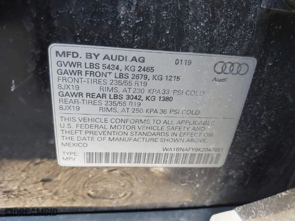 2019 Audi Q5 Premium Plus with VIN WA1BNAFY9K2047851, listed as a IAAI auction lot 41643955 with 79,496 mi miles. Bid and sale history available at carsss.com. Image 9.