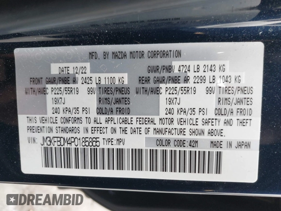 2023 Mazda CX-5 S Premium with VIN JM3KFBDM4P0185865, listed as a IAAI auction lot 42040234 with 32,761 mi miles and . Bid and sale history available at DreamBid. Image 9.