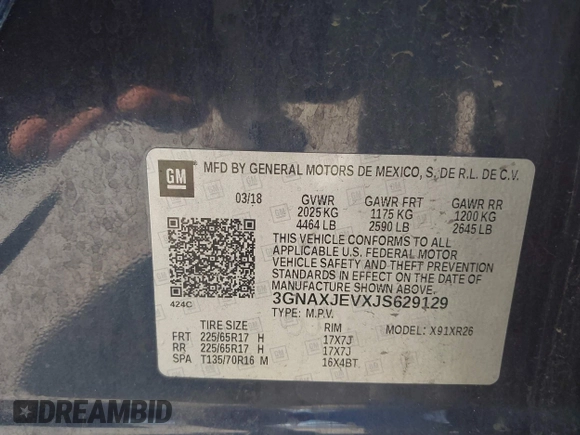 2018 Chevrolet Equinox LT with VIN 3GNAXJEVXJS629129, listed as a IAAI auction lot 42072014 with 178,037 mi miles. Bid and sale history available at carsss.com. Image 9.
