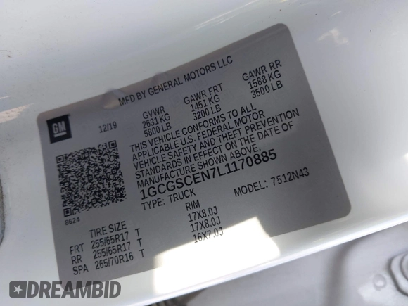 2020 Chevrolet Colorado 2WD LT with VIN 1GCGSCEN7L1170885, listed as a IAAI auction lot 42007929 with 185,341 mi miles and . Bid and sale history available at DreamBid. Image 9.