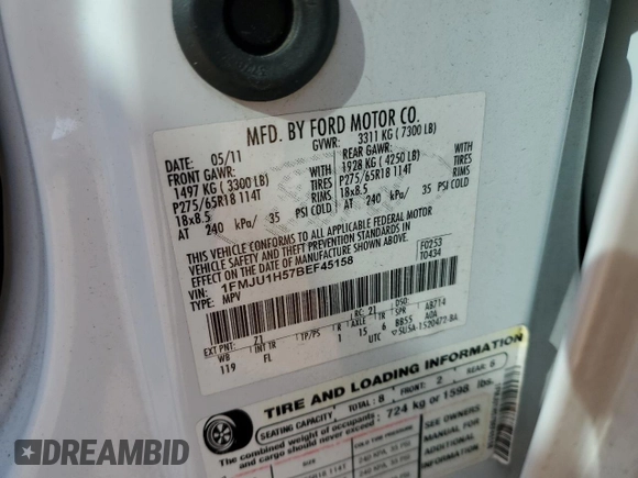 2011 Ford Expedition XLT with VIN 1FMJU1H57BEF45158, listed as a Copart auction lot 62137235 with 223,754 mi miles and Salvage title. Bid and sale history available at DreamBid. Image 13.