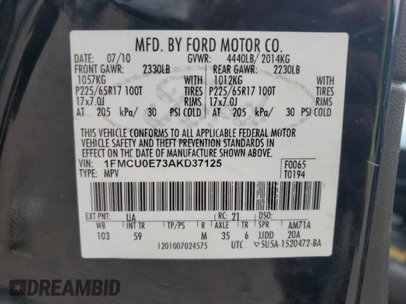 2010 Ford Escape Limited with VIN 1FMCU0E73AKD37125, listed as a Copart auction lot 59763495 with 203,823 mi miles and Salvage title. Bid and sale history available at DreamBid. Image 13.