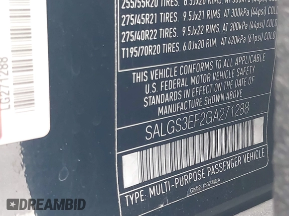 2016 Land Rover Range Rover Supercharged с VIN SALGS3EF2GA271288, выставлен на аукционе IAAI как лот 42031649 с пробегом Не указан миль и . История ставок и продаж доступна на DreamBid. Изображение 9.
