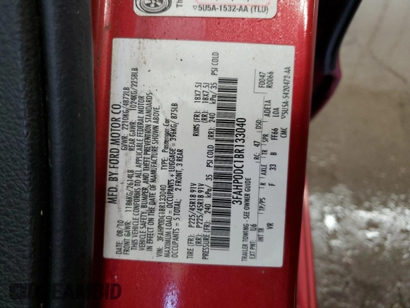 2011 Ford Fusion SPORT with VIN 3FAHP0DC1BR133040, listed as a Copart auction lot 50990545 with 187,599 mi miles and Salvage Title. Bid and sale history available at carsss.com. Image 13.