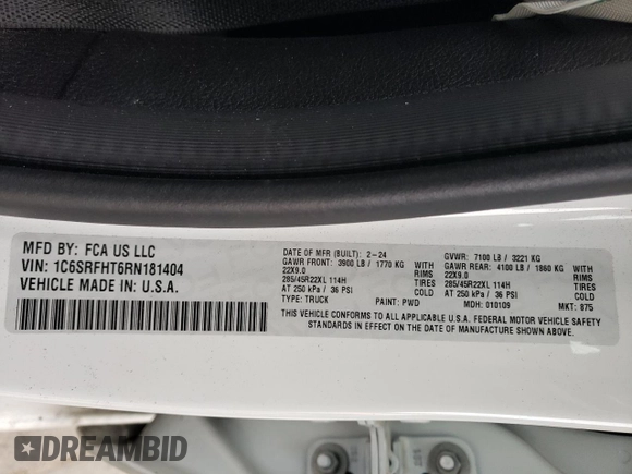 2024 Ram 1500 Limited z VIN 1C6SRFHT6RN181404, wystawiony jako Copart lot #81327854 z przebiegiem Nie podano mil oraz Szkoda całkowita • Salvage title. Historia ofert i sprzedaży dostępna na DreamBid. Obrazek 12.