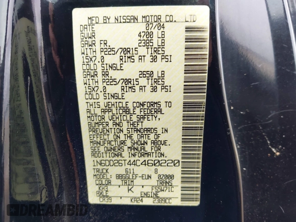 2004 Nissan Frontier XE with VIN 1N6DD26T44C460220, listed as a IAAI auction lot 42724792 with 226,602 mi miles and . Bid and sale history available at DreamBid. Image 9.