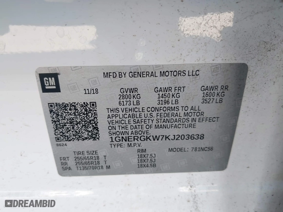 2019 Chevrolet Traverse LT Cloth with VIN 1GNERGKW7KJ203638, listed as a IAAI auction lot 41852018 with 98,677 mi miles. Bid and sale history available at carsss.com. Image 9.