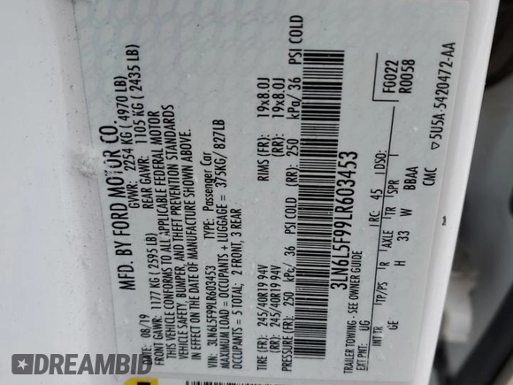 2020 Lincoln MKZ Reserve with VIN 3LN6L5F99LR603453, listed as a Copart auction lot 87154914 with 61,755 mi miles and Salvage Title. Bid and sale history available at DreamBid. Image 14.