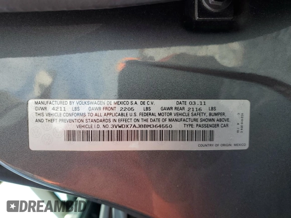 2011 Volkswagen Jetta SE с VIN 3VWDX7AJ8BM364550, выставлен на аукционе Copart как лот 60610435 с пробегом 110 391 миль миль и Списание • Salvage title. История ставок и продаж доступна на DreamBid. Изображение 12.
