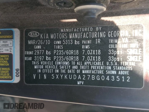 2011 Kia Sorento EX with VIN 5XYKUDA27BG043512, listed as a Copart auction lot 45181195 with 117,729 mi miles and Clean Title. Bid and sale history available at DreamBid. Image 13.