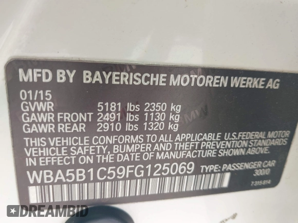 2015 BMW 5 Series 535i with VIN WBA5B1C59FG125069, listed as a IAAI auction lot 42210708 with 265,298 mi miles and . Bid and sale history available at DreamBid. Image 9.