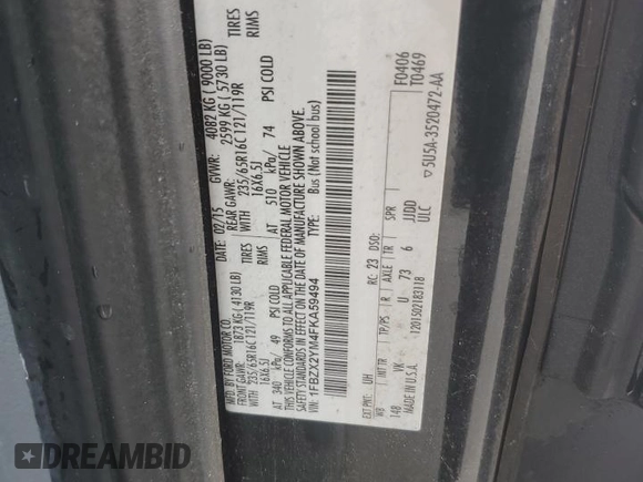 2015 Ford Transit XL with VIN 1FBZX2YM4FKA59494, listed as a Copart auction lot 59862075 with 119,242 mi miles and Salvage title. Bid and sale history available at DreamBid. Image 13.