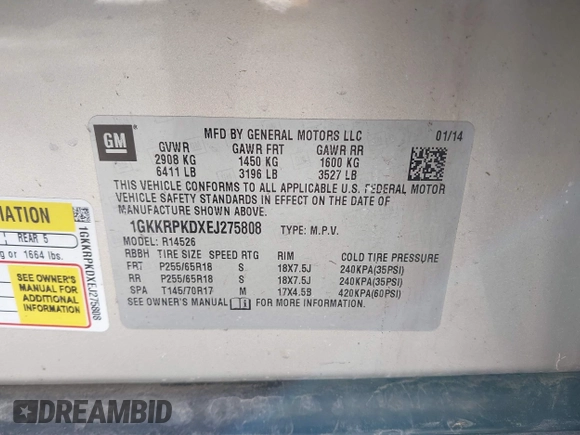 2014 GMC Acadia SLE with VIN 1GKKRPKDXEJ275808, listed as a IAAI auction lot 41615251 with 158,858 mi miles. Bid and sale history available at carsss.com. Image 9.