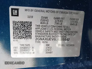 2020 Chevrolet Equinox LT with VIN 2GNAXUEV6L6185542, listed as a IAAI auction lot 41409792 with 56,533 mi miles and . Bid and sale history available at DreamBid. Image 9.