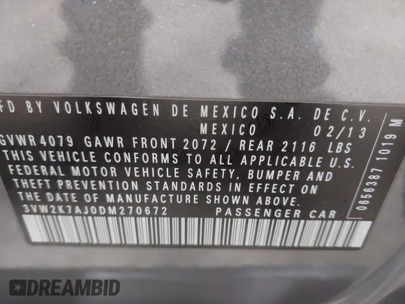 2013 Volkswagen Jetta S with VIN 3VW2K7AJ0DM270672, listed as a IAAI auction lot 42084614 with 147,407 mi miles and . Bid and sale history available at DreamBid. Image 9.