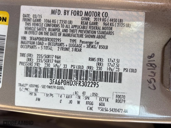 2015 Ford Fusion SE with VIN 3FA6P0HD3FR302295, listed as a Copart auction lot 49003555 with 96,788 mi miles and Clean Title. Bid and sale history available at carsss.com. Image 10.