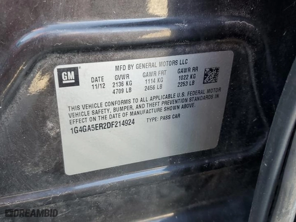 2013 Buick LaCrosse with VIN 1G4GA5ER2DF214924, listed as a Copart auction lot 43921655 with 188,496 mi miles and Salvage Title. Bid and sale history available at carsss.com. Image 12.